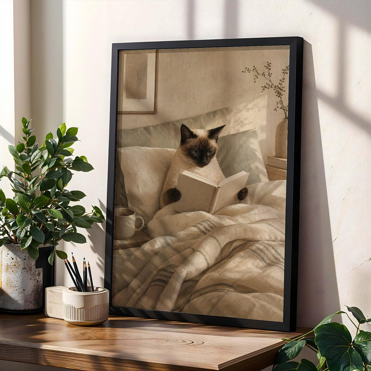 Siamese Cat Reading in Bed Poster | Scandinavian Gouache Cat Wall Art | Beige Ivory Nordic Decor | Cozy Minimalist Bedroom Print