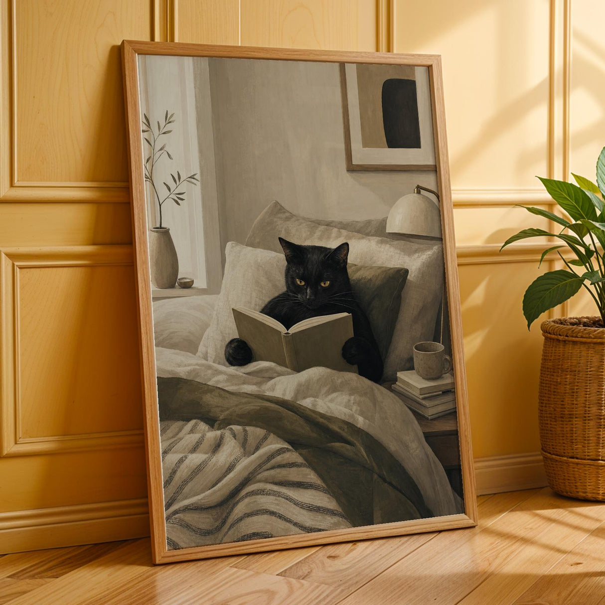 Bombay Cat Reading in Bed Poster | Modern Gouache Cat Wall Art | Warm Beige Oat Milk Decor | Cozy Minimalist Bedroom Print | Cat Lover Gift