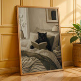 Bombay Cat Reading in Bed Poster | Modern Gouache Cat Wall Art | Warm Beige Oat Milk Decor | Cozy Minimalist Bedroom Print | Cat Lover Gift