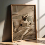 Siamese Cat Reading in Bed Poster | Scandinavian Gouache Cat Wall Art | Beige Ivory Nordic Decor | Cozy Minimalist Bedroom Print
