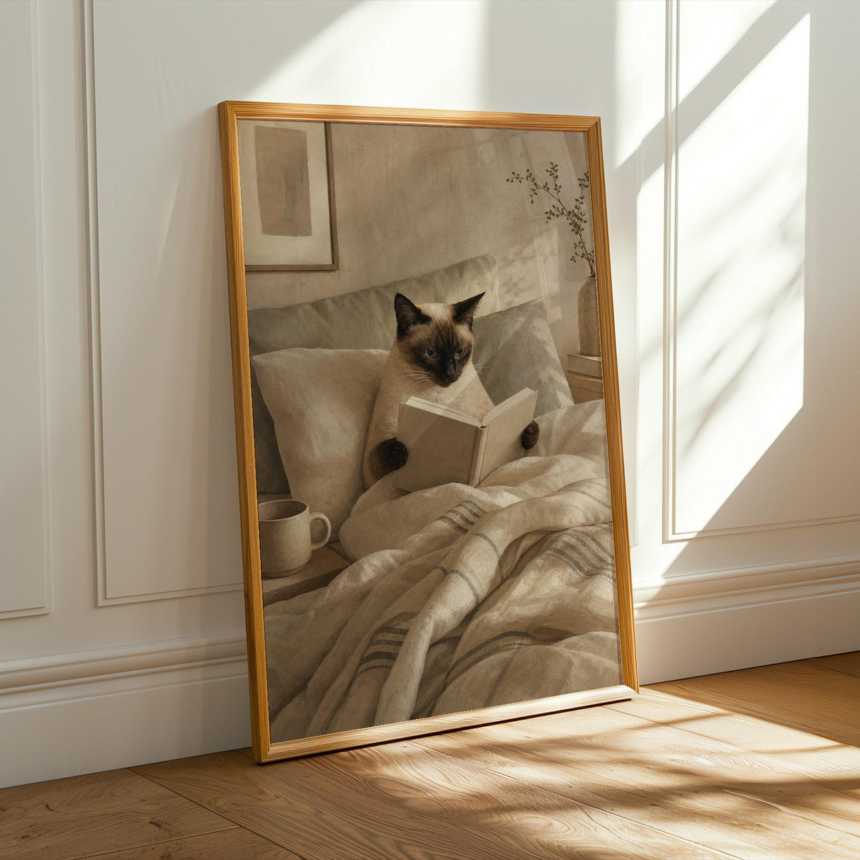 Siamese Cat Reading in Bed Poster | Scandinavian Gouache Cat Wall Art | Beige Ivory Nordic Decor | Cozy Minimalist Bedroom Print