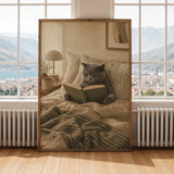 British Shorthair Cat Reading in Bed Poster | Scandinavian Gouache Cat Wall Art | Warm Beige Nordic Decor | Cozy Minimalist Bedroom Print
