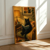Bombay Cat Reading in Armchair Poster | Retro Modern Cat Wall Art | Yellow Decor | Cozy Mid Century Living Room Print | Cat Lover Gift