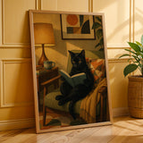 Bombay Cat Reading in Armchair Poster | Retro Modern Cat Wall Art | Yellow Decor | Cozy Mid Century Living Room Print | Cat Lover Gift