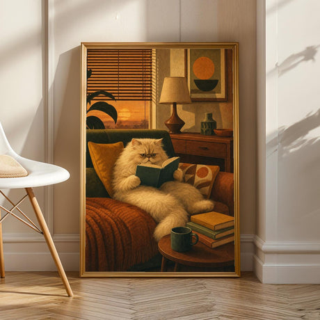 Persian Cat Reading in Armchair Poster | Retro Modern Cat Wall Art | Mustard Yellow Walnut Brown Decor | Cozy Mid Century Living Room Print