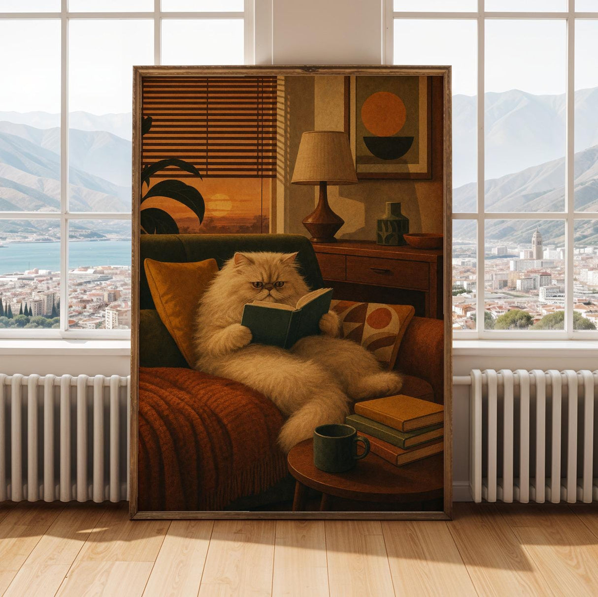 Persian Cat Reading in Armchair Poster | Retro Modern Cat Wall Art | Mustard Yellow Walnut Brown Decor | Cozy Mid Century Living Room Print