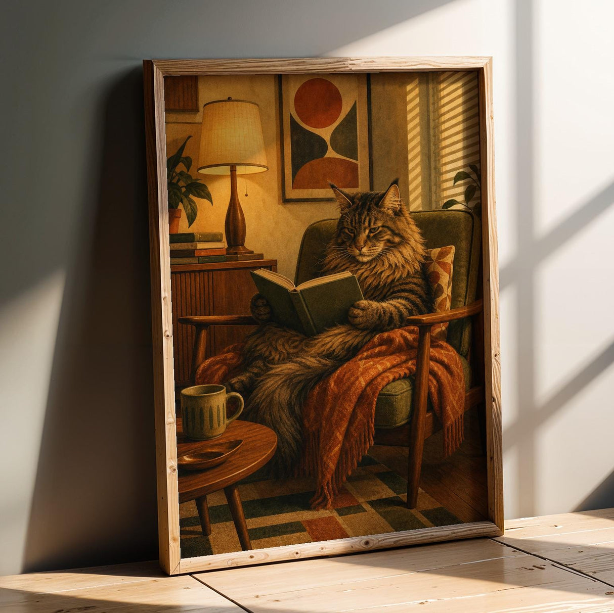 Maine Coon Reading in Armchair Poster | Retro Modern Cat Wall Art | Burnt Orange Walnut Brown Decor | Cozy Mid Century Office Print