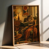 Maine Coon Reading in Armchair Poster | Retro Modern Cat Wall Art | Burnt Orange Walnut Brown Decor | Cozy Mid Century Office Print
