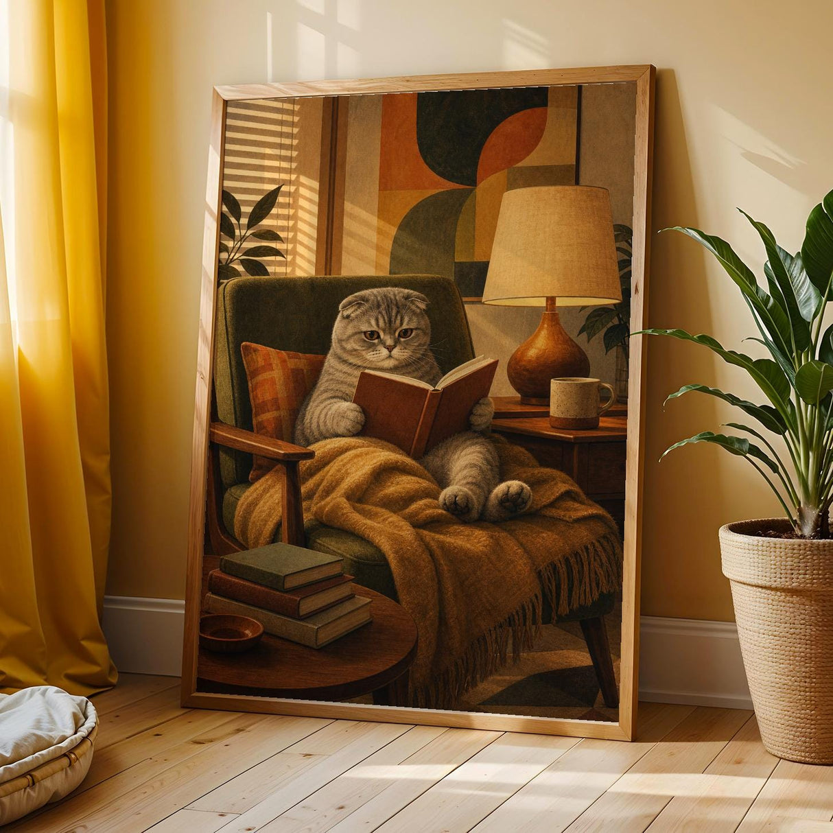 Scottish Fold Cat Reading in Armchair Poster | Mid Century Modern Cat Wall Art Decor | Cozy Retro Living Room Print | Cat Lover Gift