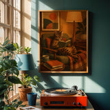 Bengal Cat Reading in Armchair Poster | Mid Century Modern Cat Wall Art | Mustard Yellow Burnt Orange Decor | Cozy Retro Living Room Print