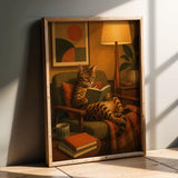 Bengal Cat Reading in Armchair Poster | Mid Century Modern Cat Wall Art | Mustard Yellow Burnt Orange Decor | Cozy Retro Living Room Print