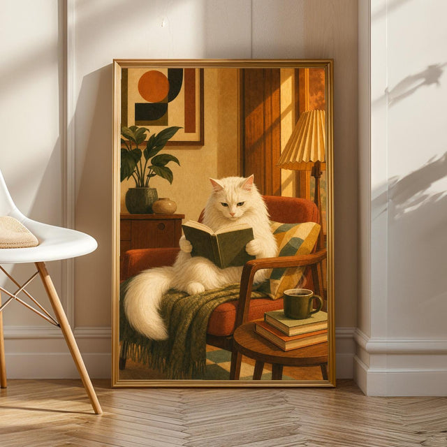 Turkish Angora Cat Reading in Armchair Poster | Retro Modern Cat Wall Art | Warm Cream Yellow Decor | Cozy Mid Century Living Room Print