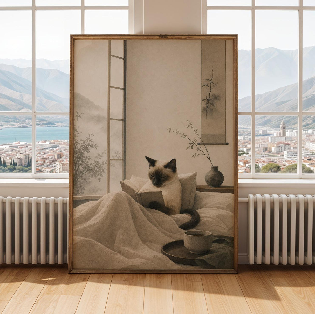 Siamese Cat Reading in Bed Poster | Japanese Zen Sumi-e Cat Wall Art | Warm Ivory Fog Gray Decor | Minimalist Bedroom Print | Cat Lover Gift