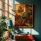 Russian Blue Cat Reading Book Poster | Modern Cat Wall Art Print | Warm Cream Mustard Yellow Decor | Literary Cat Lover Gift | Office Decor