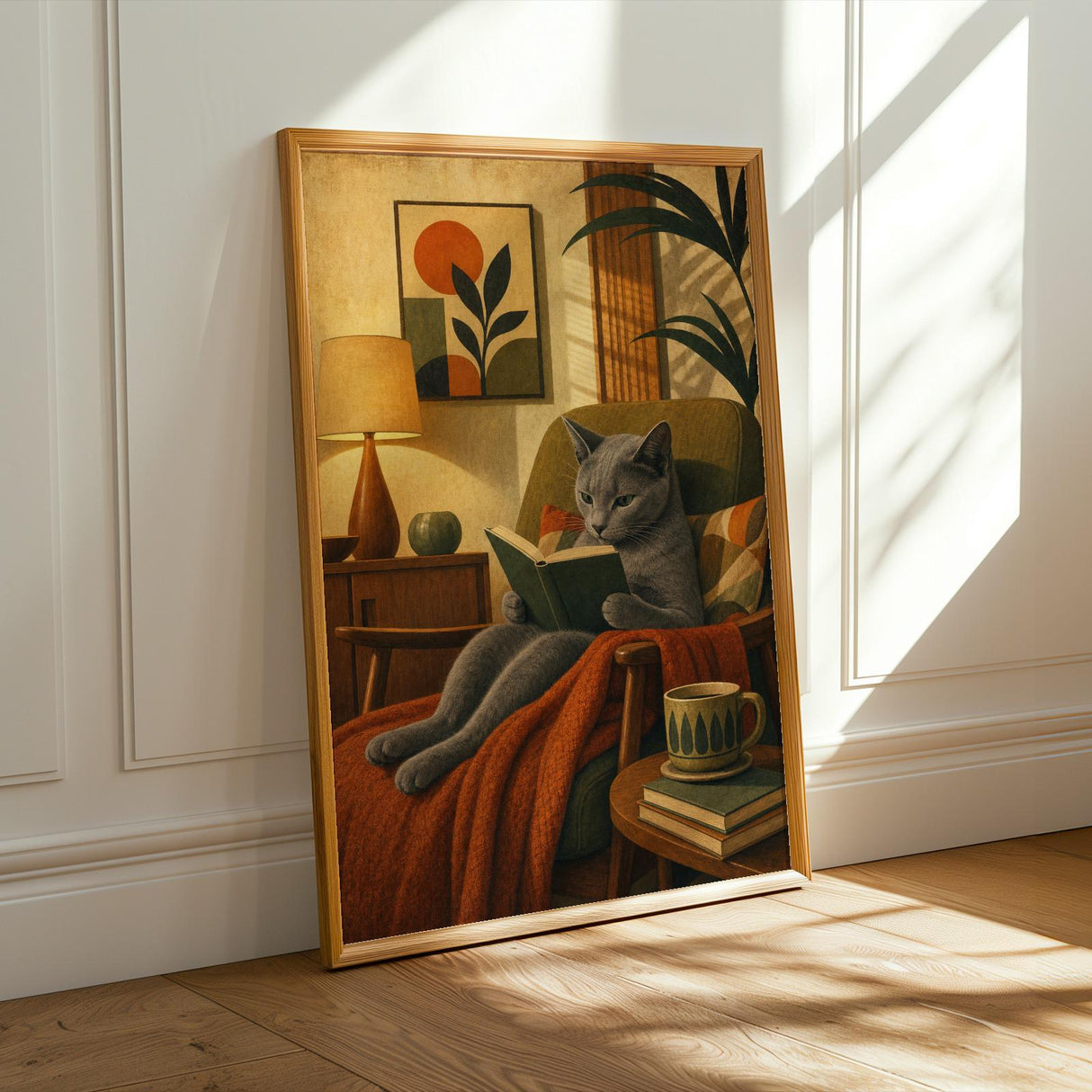 Russian Blue Cat Reading Book Poster | Modern Cat Wall Art Print | Warm Cream Mustard Yellow Decor | Literary Cat Lover Gift | Office Decor