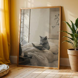 Fog Gray Zen Cat Poster | Modern Sumi-E Paper Print | Russian Blue Cat Wall Print | Japanese Zen Printable Art | Bedroom Decor Posters