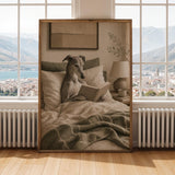 Greyhound Dog Reading In Bed Art Print - Soft Gouache, Warm Beige and Oat Milk