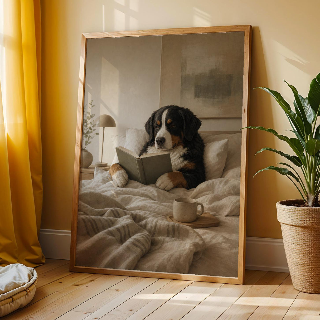 Bernese Mountain Dog Reading in Bed Poster | Modern Gouache Dog Wall Art | Warm Oat Milk Beige Decor | Scandinavian Bedroom Print