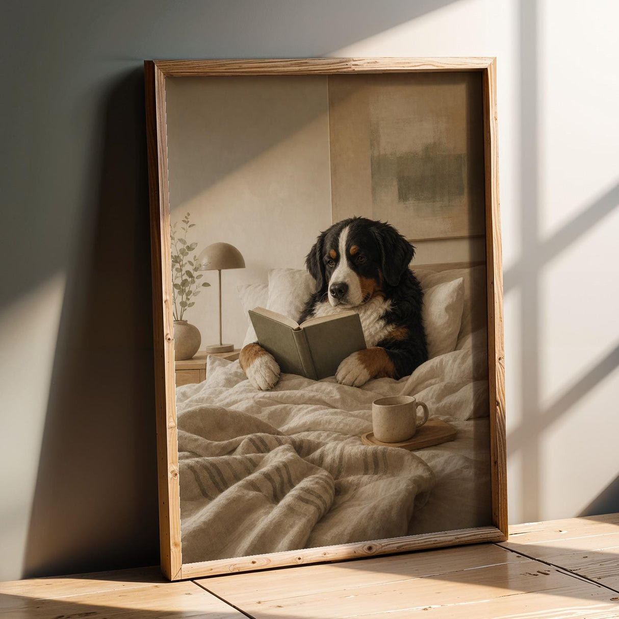 Bernese Mountain Dog Reading in Bed Poster | Modern Gouache Dog Wall Art | Warm Oat Milk Beige Decor | Scandinavian Bedroom Print