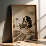 Bernese Mountain Dog Reading in Bed Poster | Modern Gouache Dog Wall Art | Warm Oat Milk Beige Decor | Scandinavian Bedroom Print
