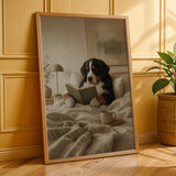 Bernese Mountain Dog Reading in Bed Poster | Modern Gouache Dog Wall Art | Warm Oat Milk Beige Decor | Scandinavian Bedroom Print