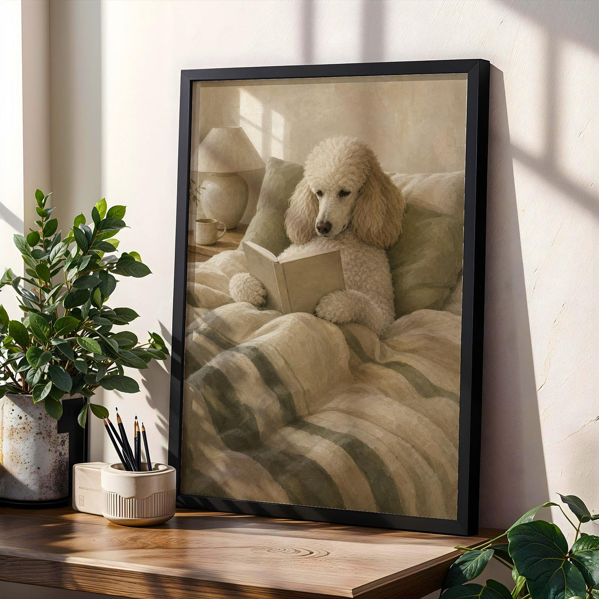 Nordic Standard Poodle Reading Book Art Print – Modern Gouache, Warm Beige and Dusty Sage