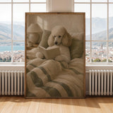 Nordic Standard Poodle Reading Book Art Print – Modern Gouache, Warm Beige and Dusty Sage