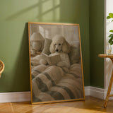 Nordic Standard Poodle Reading Book Art Print – Modern Gouache, Warm Beige and Dusty Sage