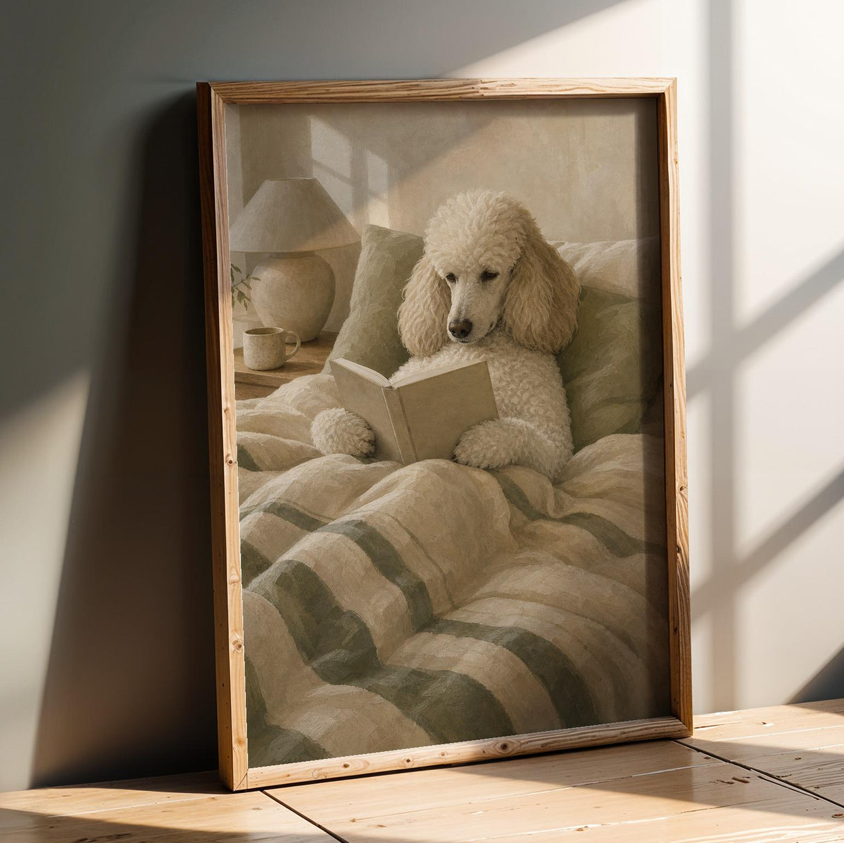 Nordic Standard Poodle Reading Book Art Print – Modern Gouache, Warm Beige and Dusty Sage
