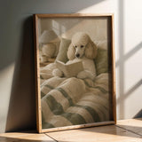 Nordic Standard Poodle Reading Book Art Print – Modern Gouache, Warm Beige and Dusty Sage