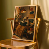 English Bulldog Reading a Book Poster | Modern Dog Wall Art Print | Mustard Yellow Burnt Orange Decor | Cozy Reading Nook Art