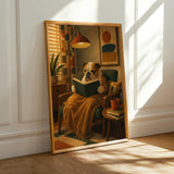 English Bulldog Reading a Book Poster | Modern Dog Wall Art Print | Mustard Yellow Burnt Orange Decor | Cozy Reading Nook Art