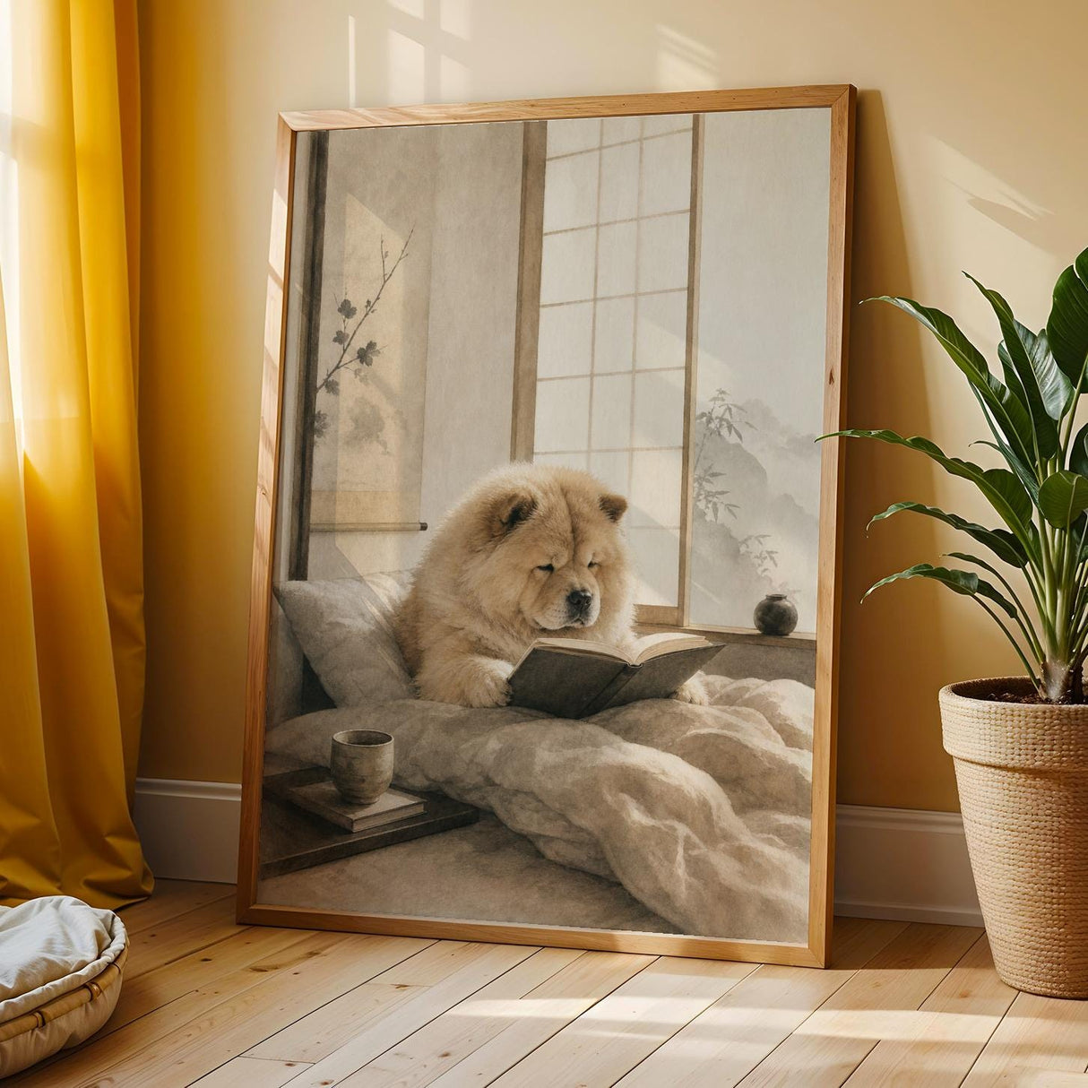 Chow Chow Reading in Bed Poster | Zen Ink Wash Dog Wall Art | Warm Ivory Fog Gray Decor | Minimalist Japanese Style Print | Chow Lover Gift