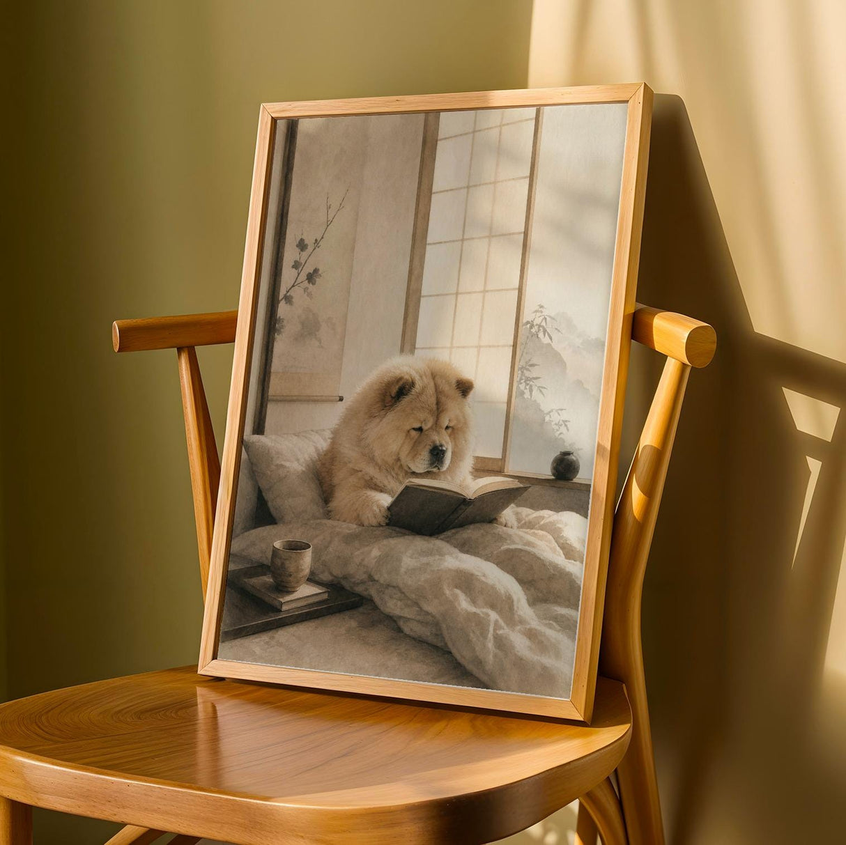 Chow Chow Reading in Bed Poster | Zen Ink Wash Dog Wall Art | Warm Ivory Fog Gray Decor | Minimalist Japanese Style Print | Chow Lover Gift
