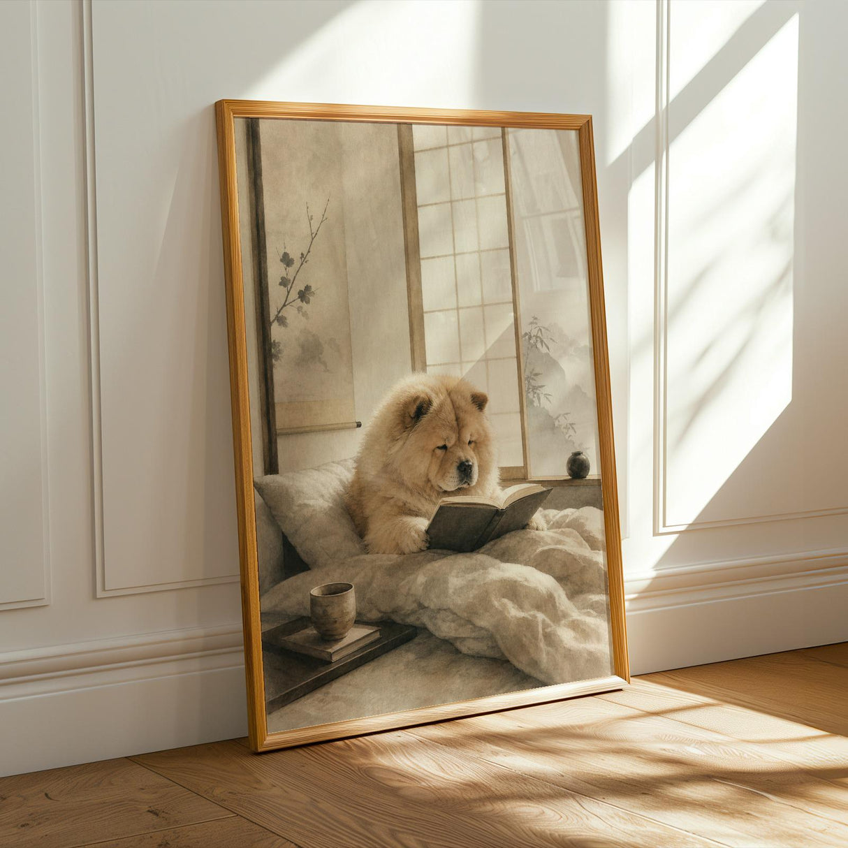 Chow Chow Reading in Bed Poster | Zen Ink Wash Dog Wall Art | Warm Ivory Fog Gray Decor | Minimalist Japanese Style Print | Chow Lover Gift