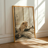 Chow Chow Reading in Bed Poster | Zen Ink Wash Dog Wall Art | Warm Ivory Fog Gray Decor | Minimalist Japanese Style Print | Chow Lover Gift