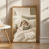 Holland Lop Rabbit Reading in Bed Poster | Scandinavian Gouache Bunny Wall Art | Warm Oat Milk Neutral Decor | Cozy Minimalist Bedroom Print