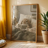 Mini Lop Rabbit Reading in Bed Poster | Modern Gouache Bunny Wall Art | Warm Beige Dusty Sage Decor | Cozy Scandinavian Bedroom Print