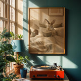 Californian Rabbit Reading in Bed Poster | Modern Gouache Bunny Wall Art | Warm Beige Oat Milk Decor | Cozy Scandinavian Bedroom Print