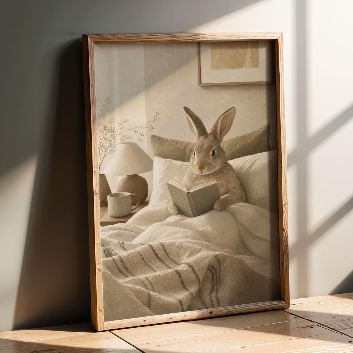 Californian Rabbit Reading in Bed Poster | Modern Gouache Bunny Wall Art | Warm Beige Oat Milk Decor | Cozy Scandinavian Bedroom Print