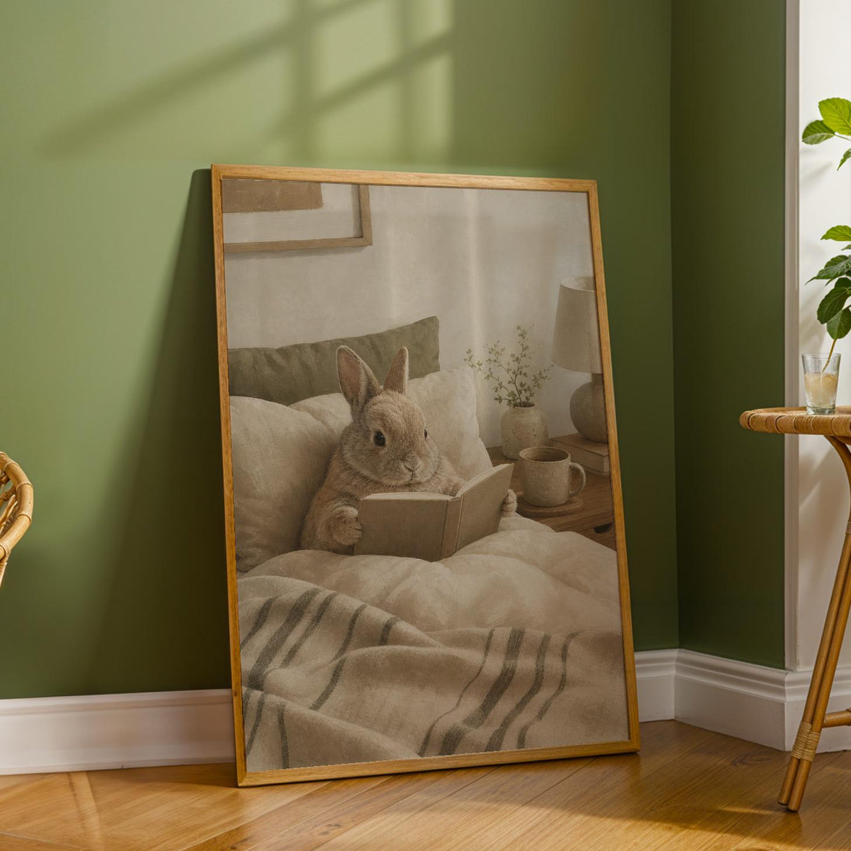 Netherland Dwarf Rabbit Reading in Bed Poster | Modern Gouache Bunny Wall Art | Warm Neutral Bedroom Decor | Cozy Minimalist Nook Print