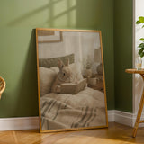 Netherland Dwarf Rabbit Reading in Bed Poster | Modern Gouache Bunny Wall Art | Warm Neutral Bedroom Decor | Cozy Minimalist Nook Print