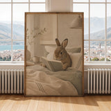 Mini Rex Rabbit Reading in Bed Poster | Scandinavian Gouache Bunny Wall Art | Warm Beige Oat Milk Decor | Cozy Nordic Bedroom Print