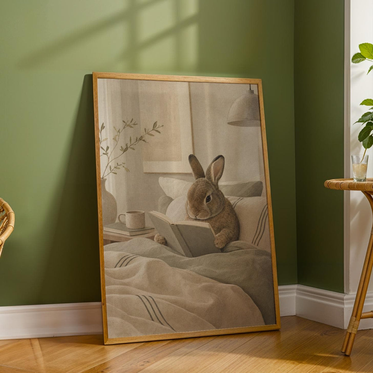 Mini Rex Rabbit Reading in Bed Poster | Scandinavian Gouache Bunny Wall Art | Warm Beige Oat Milk Decor | Cozy Nordic Bedroom Print