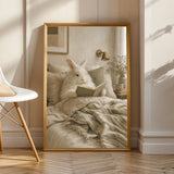 Angora Rabbit Reading in Bed Poster | Scandinavian Gouache Bunny Wall Art | Warm Neutral Nordic Decor | Cozy Minimalist Living Room Print