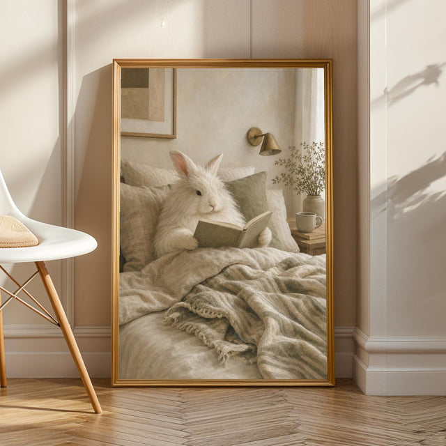 Angora Rabbit Reading in Bed Poster | Scandinavian Gouache Bunny Wall Art | Warm Neutral Nordic Decor | Cozy Minimalist Living Room Print