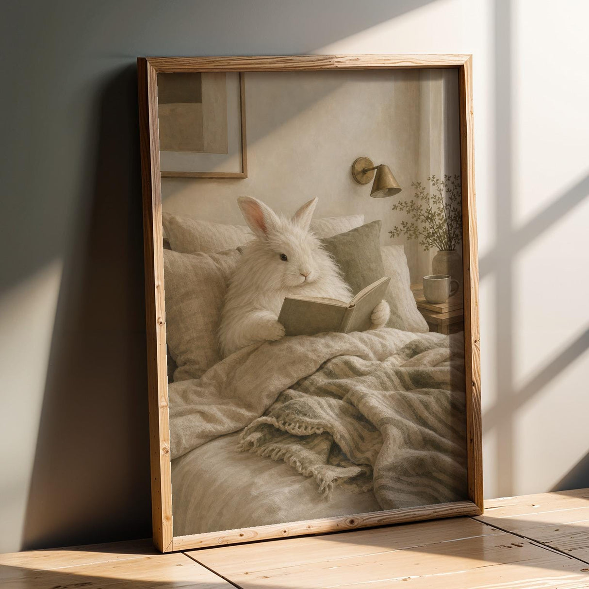 Angora Rabbit Reading in Bed Poster | Scandinavian Gouache Bunny Wall Art | Warm Neutral Nordic Decor | Cozy Minimalist Living Room Print