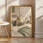 Lionhead Rabbit Reading in Bed Poster | Modern Gouache Bunny Wall Art | Warm Neutral Bedroom Decor Print | Cozy Minimalist Nook Art