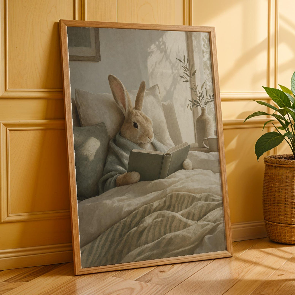 Satin Rabbit Reading in Bed Poster | Scandinavian Gouache Bunny Wall Art | Warm Neutral Nordic Decor | Cozy Minimalist Bedroom Nook Print
