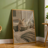 Lionhead Rabbit Reading in Bed Poster | Modern Gouache Bunny Wall Art | Warm Neutral Bedroom Decor Print | Cozy Minimalist Nook Art